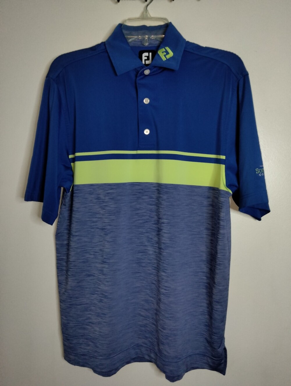 FootJoy (Size S) Men’s Blue & Lime Green Stripe & Embroidered Logo SS Golf Polo
